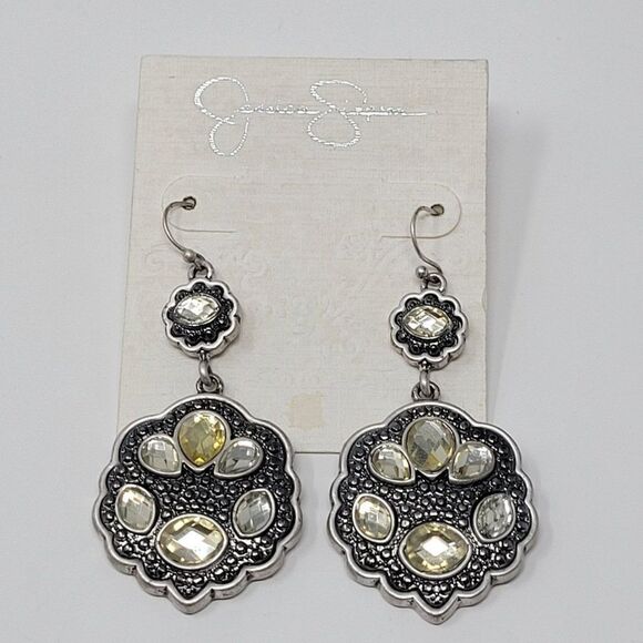Jessica Simpson Silver Tone Rhinestone Medallion Dangle Earrings Pierced Hook - Picture 1 of 5